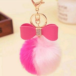 Puff Ball Keychain w/ Rhinestone Bow